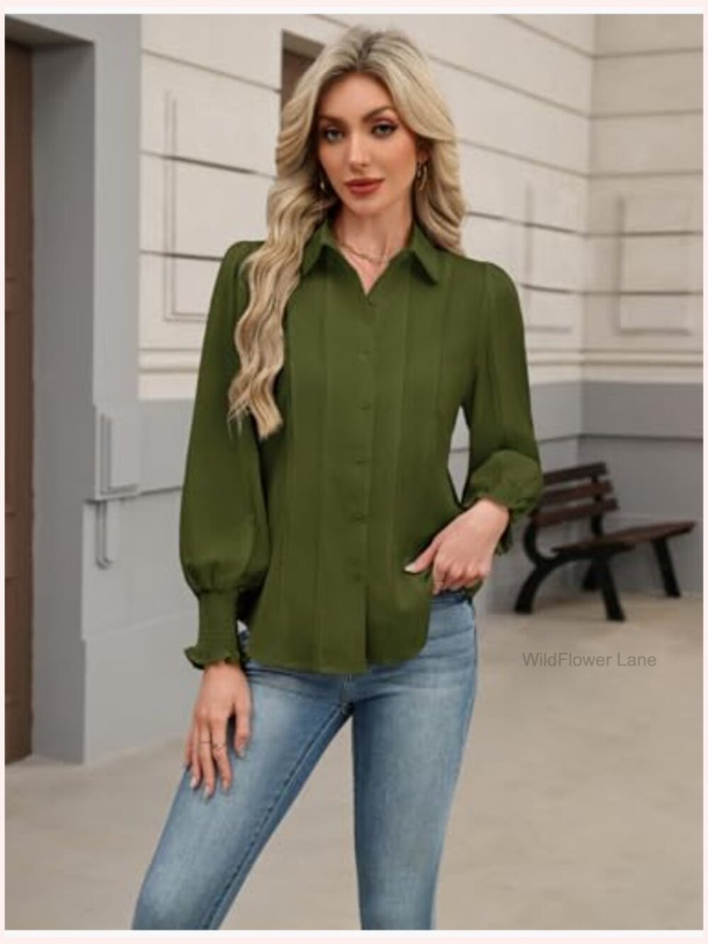 Women's Dressy Casual Button Down Blouse Business Work Top Smocked Cuffed - Picture 2 of 7